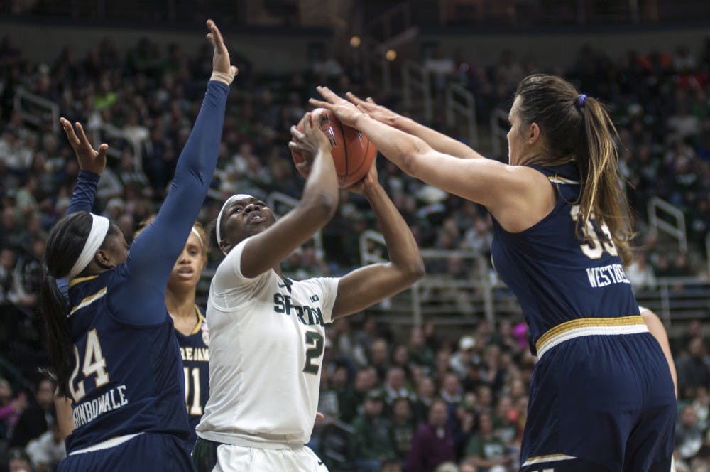 Freshman forward Mardrekia Cook (2) attempts a shot during the game against Notre Dame on Dec. 20, 2016 at Breslin Center. The Fighting Irish defeated the Spartans, 79-61. 