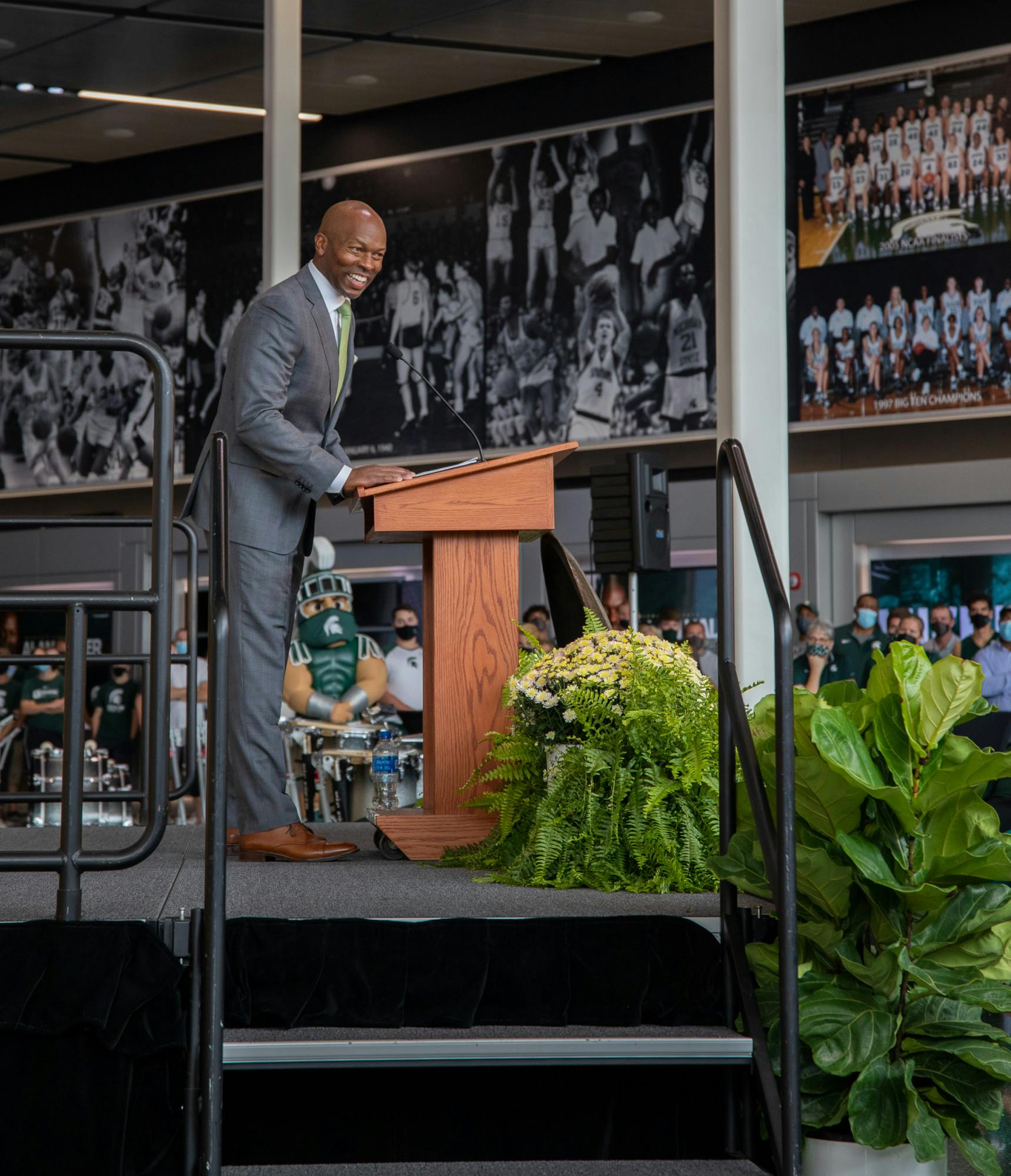 <p>Alan Haller takes the stage as the new MSU Athletic Director after being introduced by fifth-year sprinter Brooke Bogan at the Tom Izzo Hall of History at the Breslin Center on Tuesday, Sept. 7, 2021.  </p>