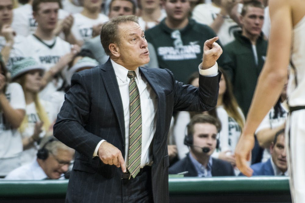 Head coach Tom Izzo reacts during the men's basketball game against Minnesota on Jan. 11, 2017 at Breslin Center. The Spartans defeated the Golden Gophers, 65-47.