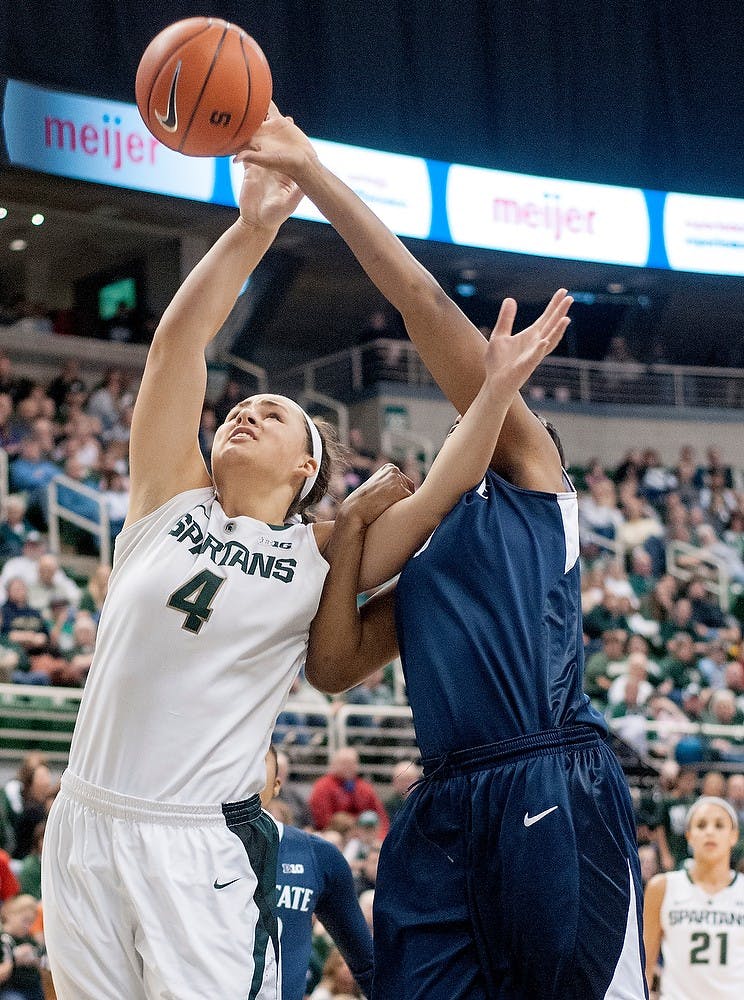 	<p>Sophomore center Jasmine Hines loses possession of the ball to Penn State on Jan. 6, 2013, at Breslin Center. The Spartans lost to the Nittany Lions 76-55. Natalie Kolb/The State News</p>