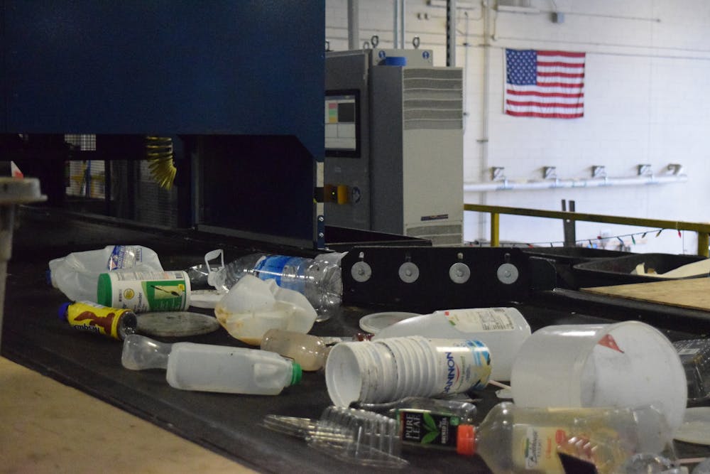 Plastic bottles lined up to be recycled at the MSU Surplus Store and Recycling Center. 