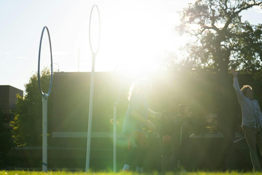 <p>Michigan State quadball players engage in a drill during their practice at IM East Field in East Lansing, Mich., on Monday, Sept. 21, 2026.</p>