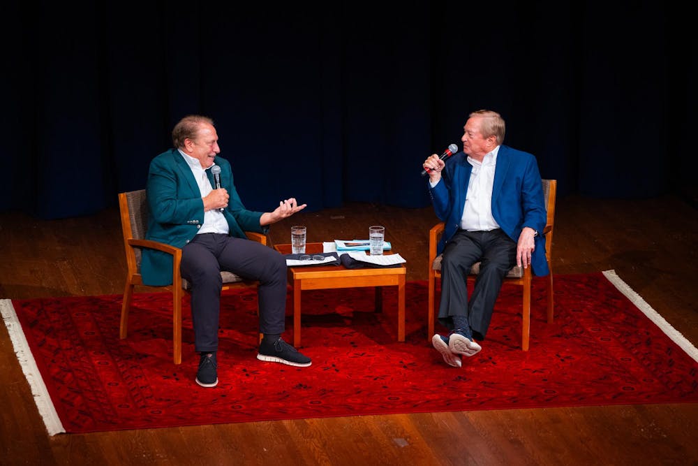 Michigan State University (MSU) Men's Basketball head coach Tom Izzo (left) conversates with former Michigan governor Jim Blanchard (right) at the Wharton Center on Sep. 24, 2024. The former governor hosted Izzo for his 2024 Public Service Forum, where he awarded him with the Spartan Statesmanship Award for his accomplishments within and around MSU's community.