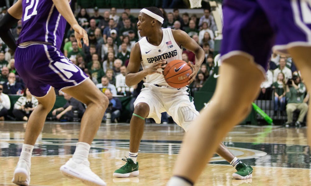Junior guard Cassius Winston (5) during the game against Northwestern University at Breslin Center on Jan. 2, 2019. The Spartans led the Wildcats, 52-32 at the half.