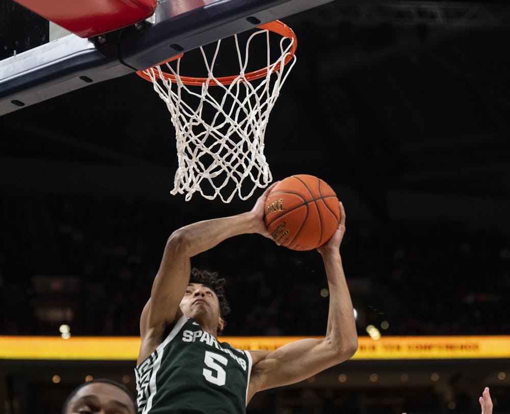 <p>Freshman guard Max Christie (5) scores a Spartan two-pointer in Michigan State&#x27;s match against the Purdue Boilermakers in the semifinals of the B1G tournament at Gainbridge Fieldhouse in Indianapolis. - March 12, 2022</p>