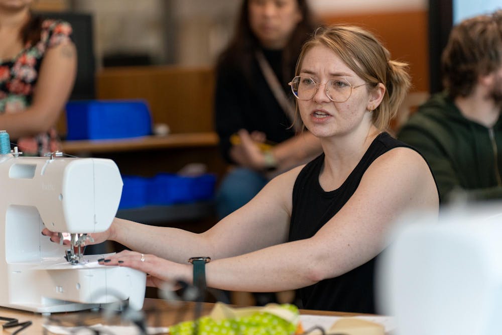 Makerspace Coordinator Jamie Moriarty leads a sewing class for the MSU community in the Makerspace at the MSU Library on April 8, 2026.
