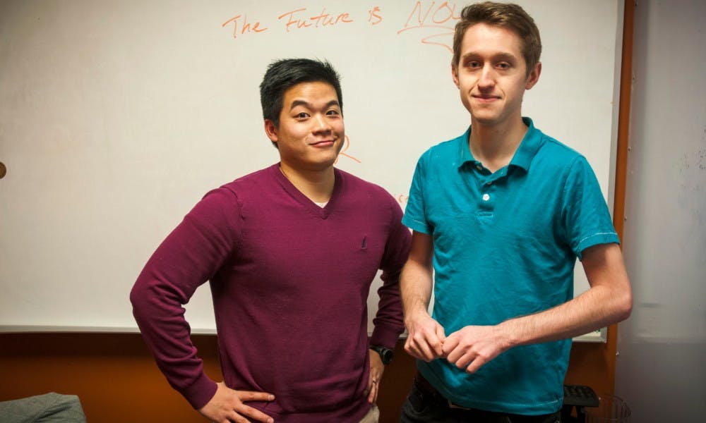 Experience architecture senior Tommy Truong and experience architecture junior Eric Martin pose for a picture on on Feb. 13, 2017 at the MSU Hatch at 325 East Grand River Ave in East Lansing. Truong and Martin are hoping to bring virtual reality to higher education and classrooms.