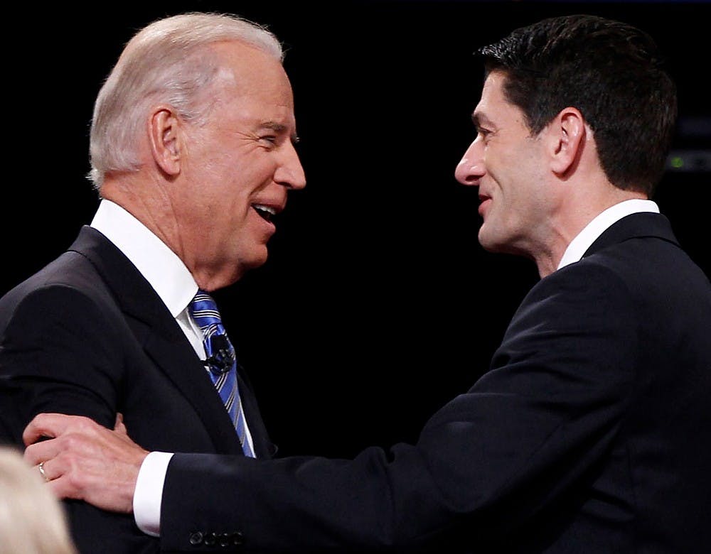 	<p>Vice President Joe Biden and Congressman Paul Ryan, right, shook hands before the Vice Presidential Debate at Centre College in Danville, Ky.</p>