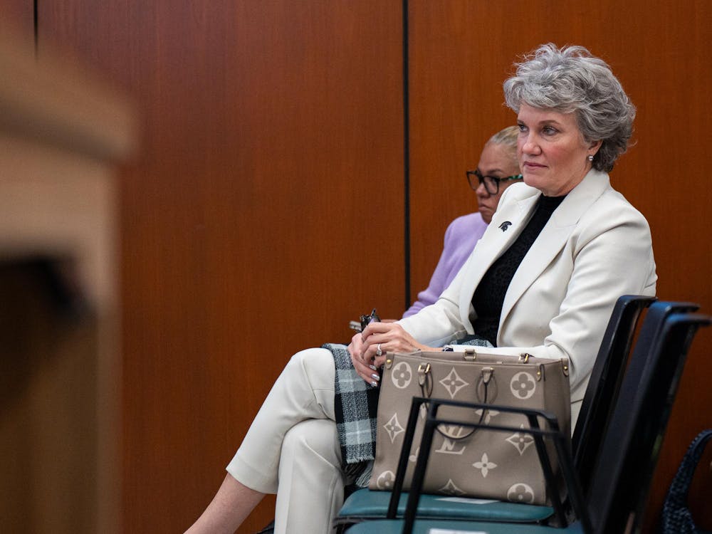Michigan State University Vice President of University Advancement Kim Tobin sits in attendance for the April 10 Board of Trustees meeting at Hannah Administration Building in East Lansing, Michigan on Friday, April 10, 2026.