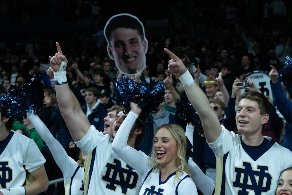 <p>Notre Dame celebrating at the Notre Dame v. MSU game held at the Joyce Center on November 30, 2022. The Spartans fell to the Fighting Irish 52 -70. </p>