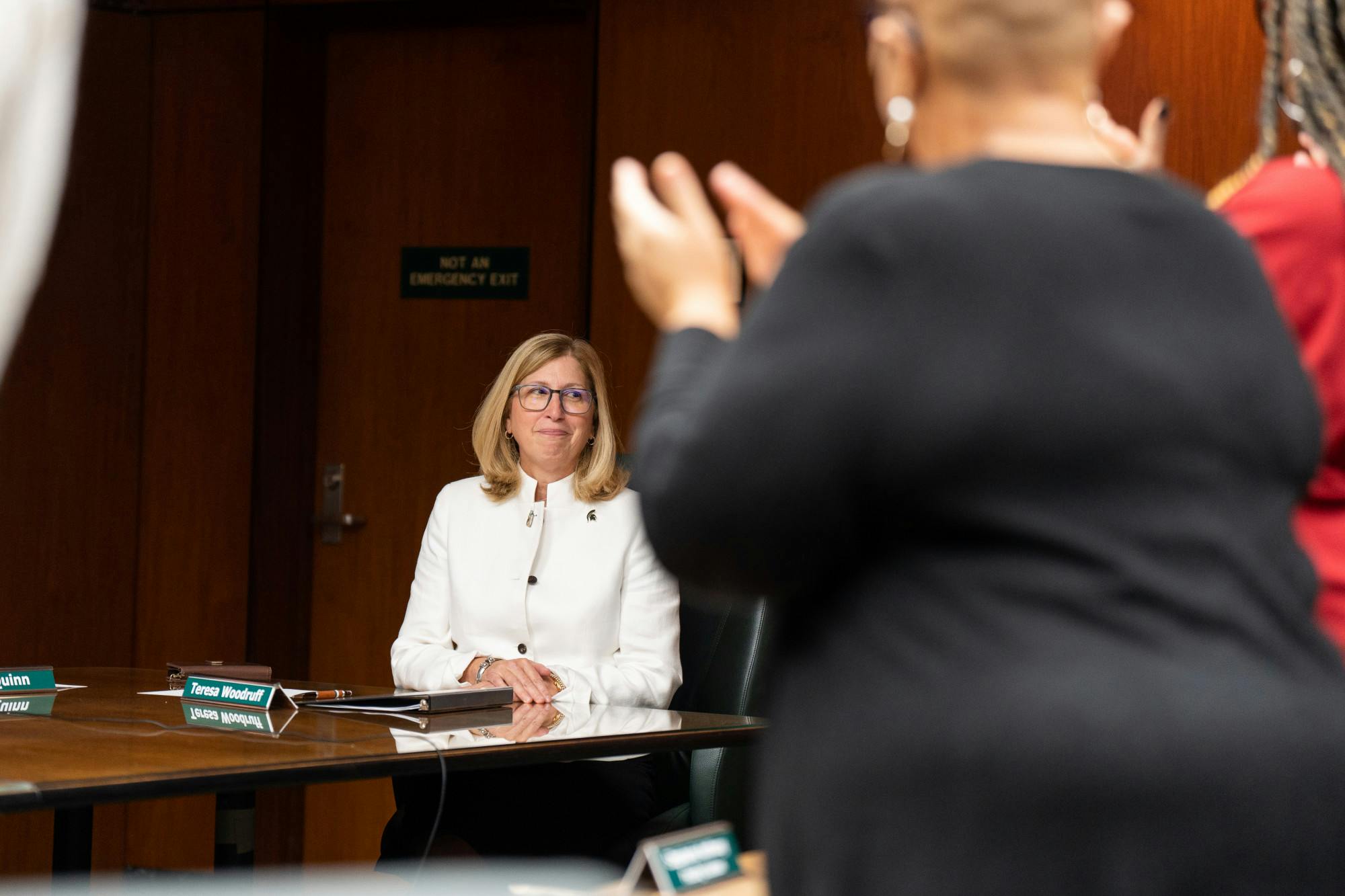 Provost Teresa Woodruff at the Board of Trustees special meeting on Oct. 31, 2022. Provost Woodruff was appointed as Interim President replacing President Samuel L. Stanley Jr, following his resignation on Oct. 12, 2022.