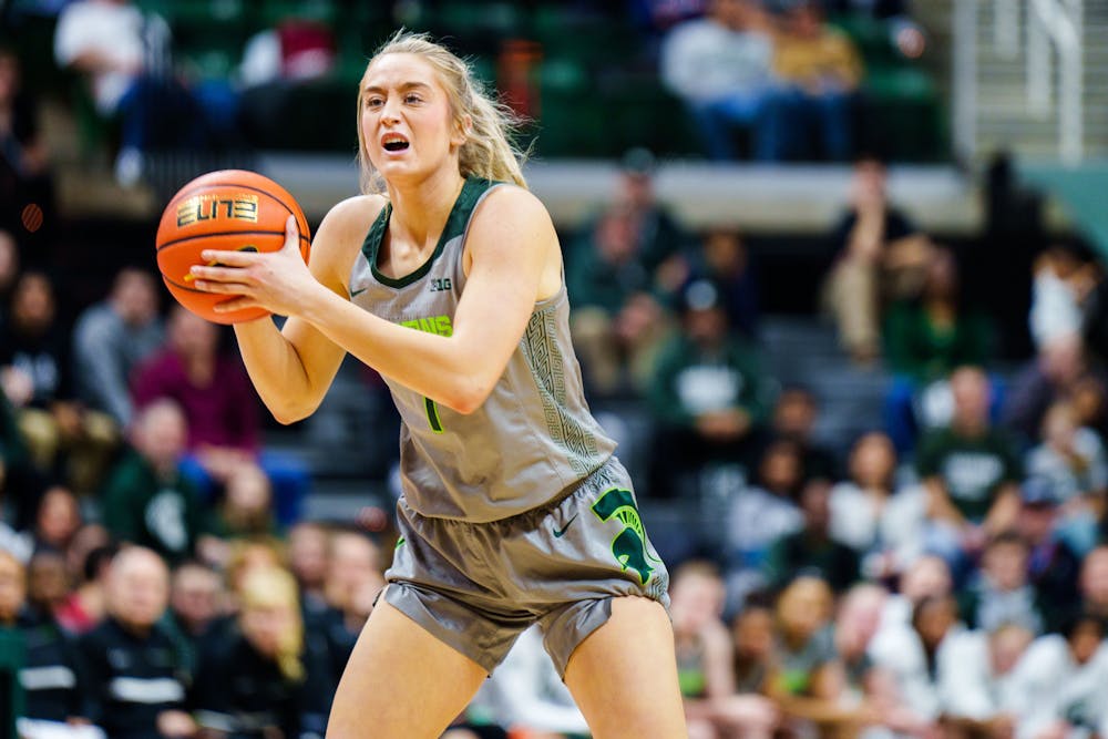 <p>Senior guard Tory Ozment (1) passes the ball during a matchup against Iowa, held at the Breslin Center on Jan. 18, 2023. The Spartans fell to the Hawkeyes in overtime, 84-81.</p>