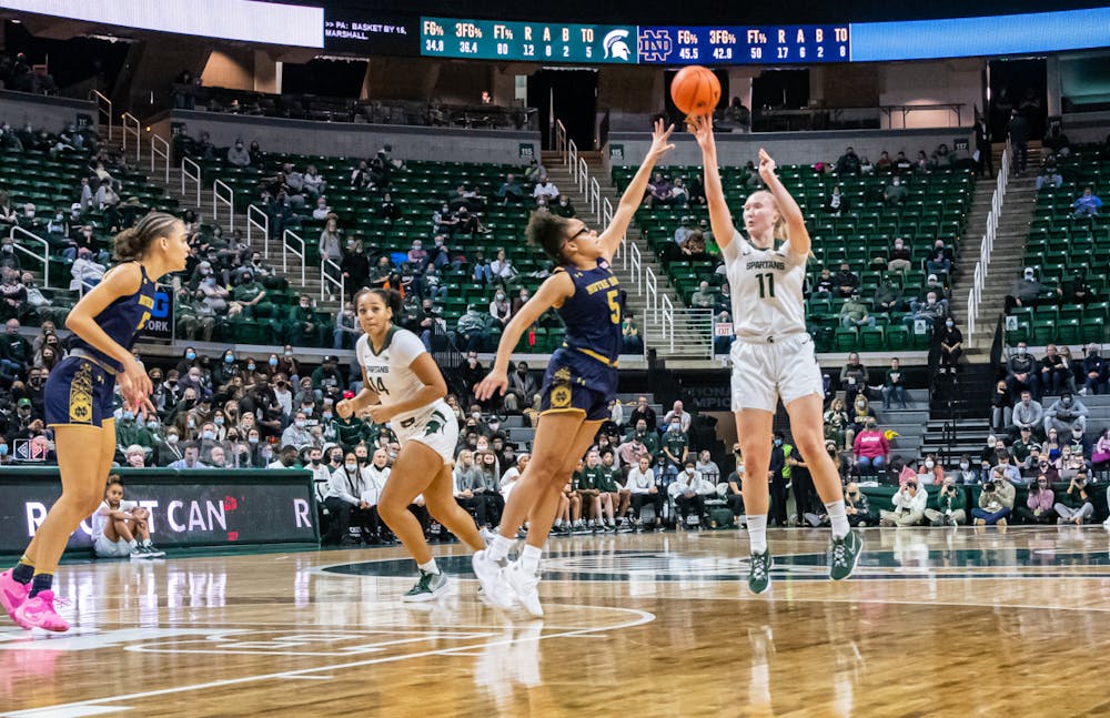 Notre Dame's Olivia Miles (5) attempts to block Michigan State's  Matilda Ekh's (11) shot during Michigan State's loss on Dec. 2, 2021.