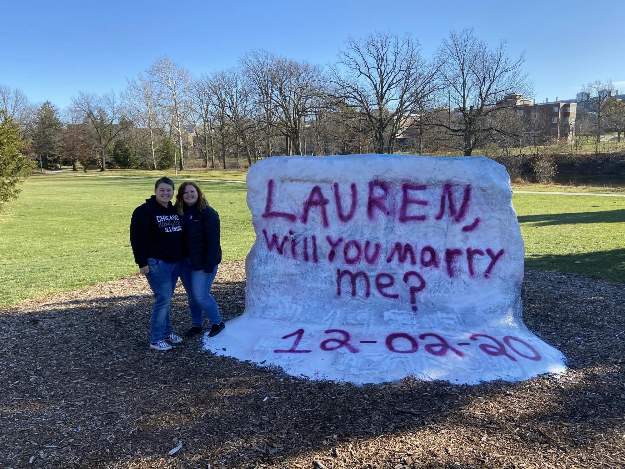 <p>Allison Van Ee and Lauren Tofilski pose together at The Rock on Farm Lane shortly after Tofilski accepted Van Ee&#x27;s proposal on Feb. 12, 2020.</p>