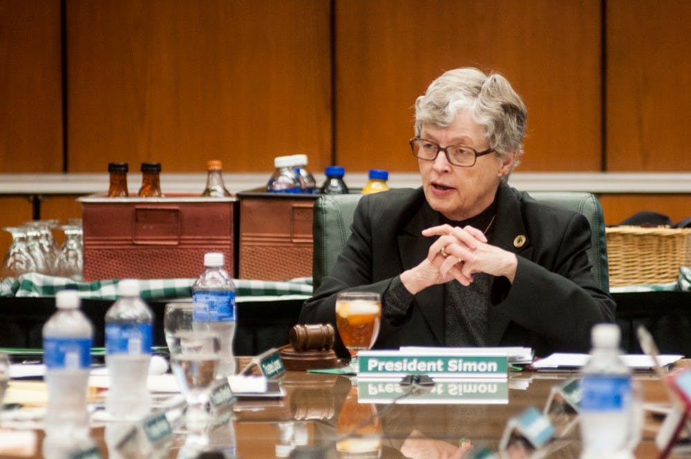 Michigan State University President Lou Anna K. Simon speaks during an MSU board of trustees meeting on Feb.19, 2016 at the Hannah Administration Building. During the meeting, members of the board discussed various topics, including the University's efforts to help the individuals dealing with the water crisis in Flint.