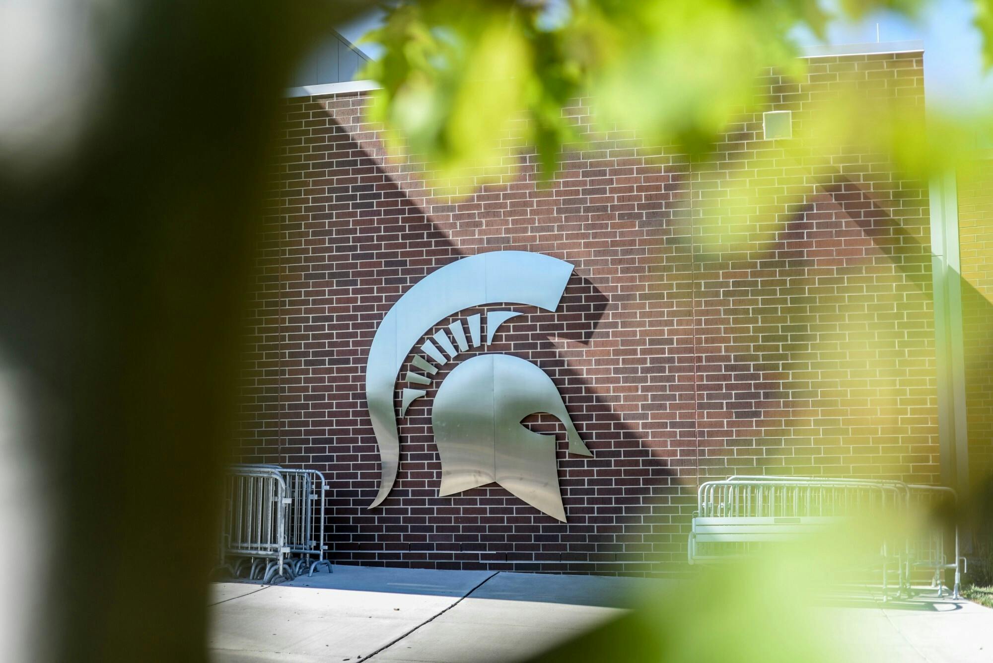 <p>The Michigan State Spartan logo on a building, photographed Aug. 31, 2020.</p>