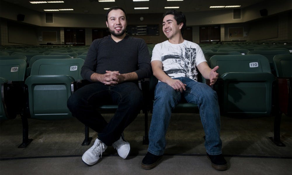 From left to right, doctoral student Jose Badillo Carlo and doctoral student Osvaldo Sandoval pose for a portrait on Jan. 22, 2016 at Wells Hall. Carlos and Sandoval are both children of undocumented migrants and have paid international student tuition rates while attending MSU. 