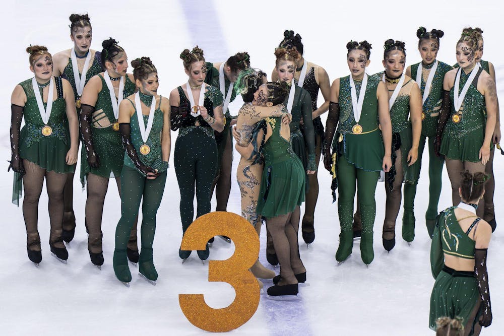 The Harmony Theatre Company competes for the Nations and Gold Cup for the Theater on Ice 2026 competition in the Munn Ice Arena in East Lansing, Mich., on April 26, 2026. 