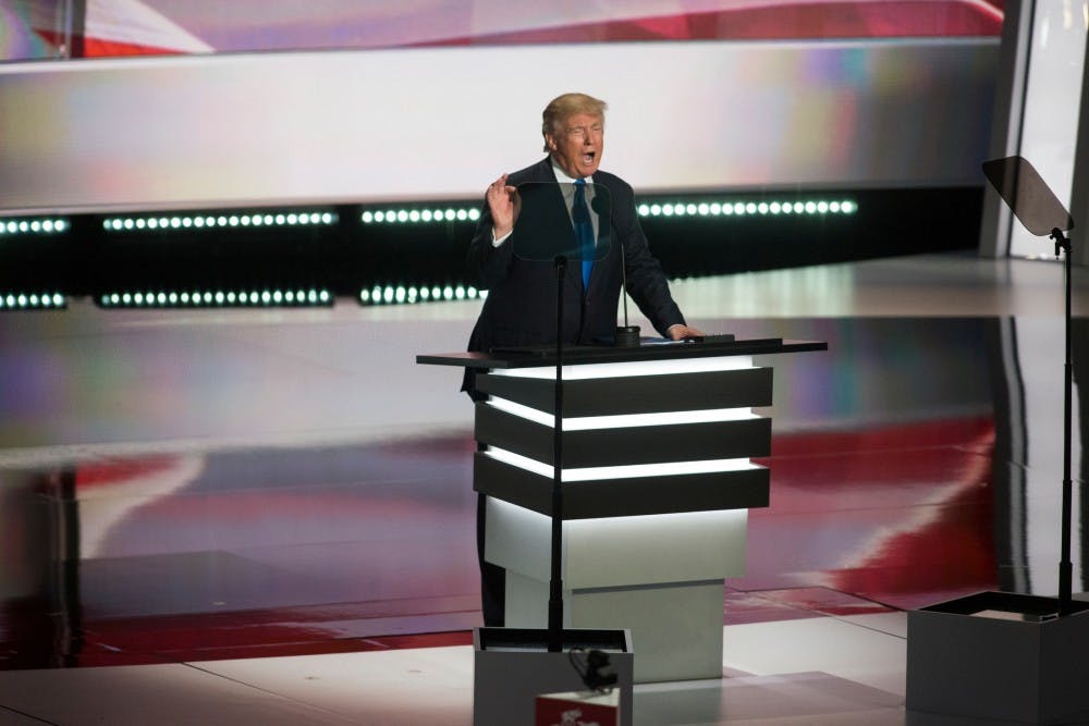 Presumptive nominee Donald J. Trump gives a welcome speech for his wife Melania Trump at the Republican National Convention on July 18, 2016 at Quicken Loans Arena in Cleveland, Ohio.