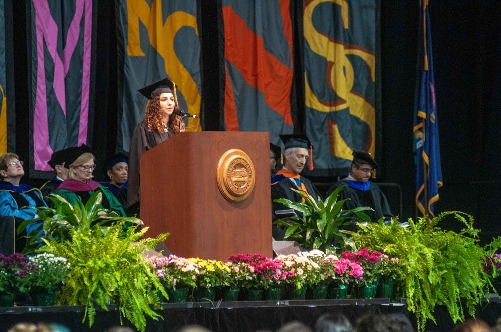 ASMSU President Katherine "Cookie" Rifiotis speaks to the class of 2022 at the MSU Academic Welcome on Aug. 27, 2018.