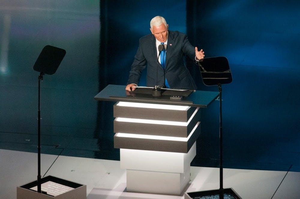 <p>Gov. Mike Pence, R-Ind., gives a speech on July 20, 2016, the third day of the Republican National Convention, at Quicken Loans Arena in Cleveland, Ohio. Photo by Stephen Olschanski</p>