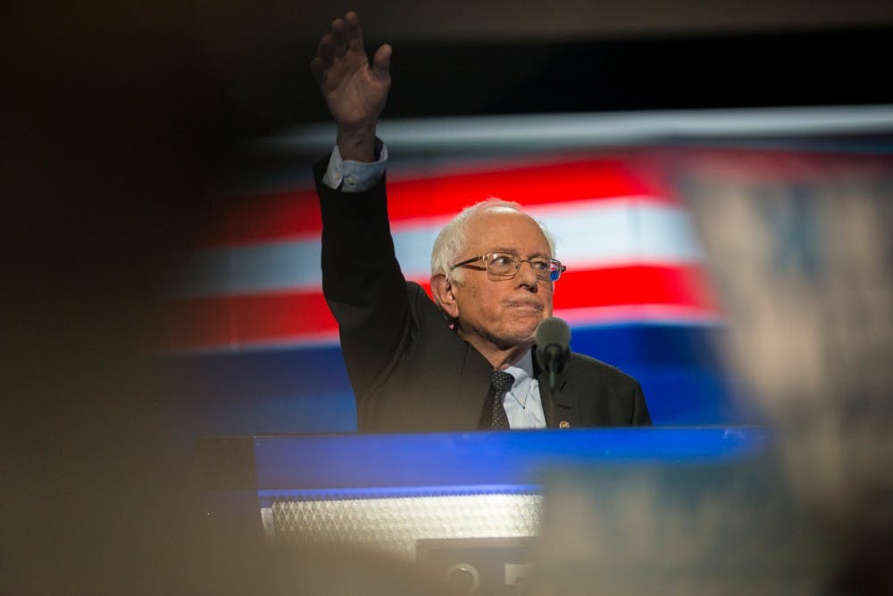 Sen. Bernie Sanders, D-Vt., gives a speech on July 25, 2016, the first day of the Democratic National Convention, at Wells Fargo Arena in Philadelphia.