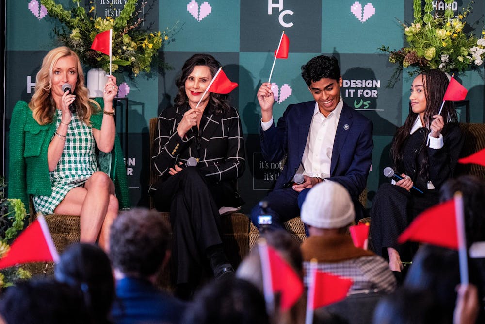 <p>Windsor Western, co-founder and president of her campus media organization, speaks with Michigan Gov. Gretchen Whitmer, Zamaan Qureshi, co-founder and director of campaign and policy at Design for Us, and Lexi Underwood during a panel discussion on defining relationships at the “Hard Reset: It’s Not You, It’s Them” event at the Graduate Hotel in East Lansing, Mich., on April 7, 2026.</p>