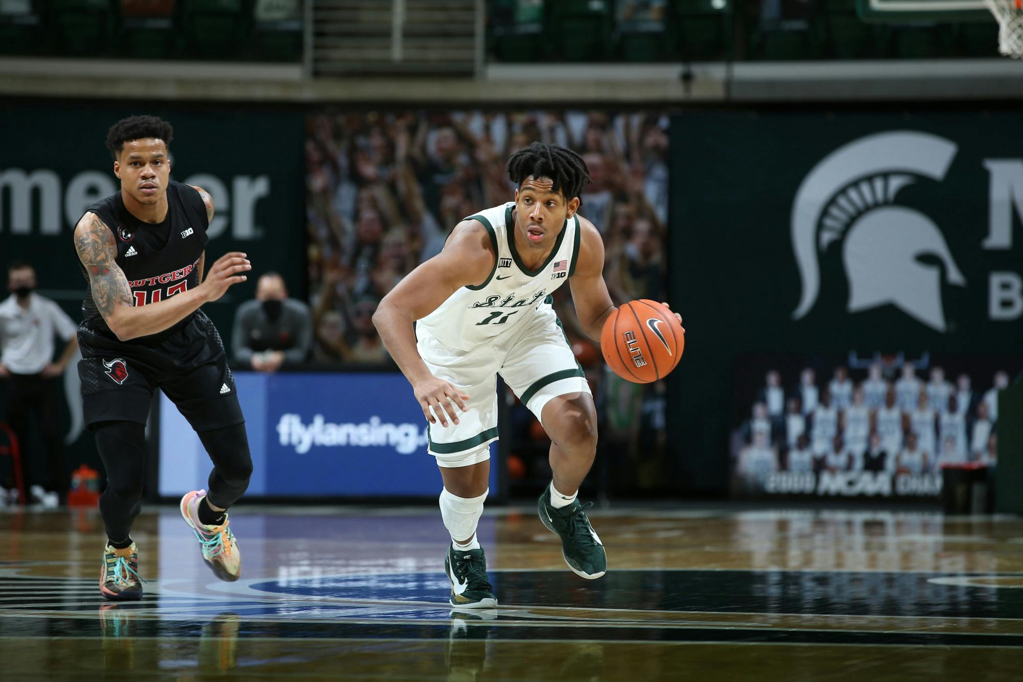 MSU guard A.J. drives in transition against Rutgers on Jan. 5, 2021 at the Breslin Center. The freshman guard started his second straight game at point guard, both culminating in wins for Michigan State.