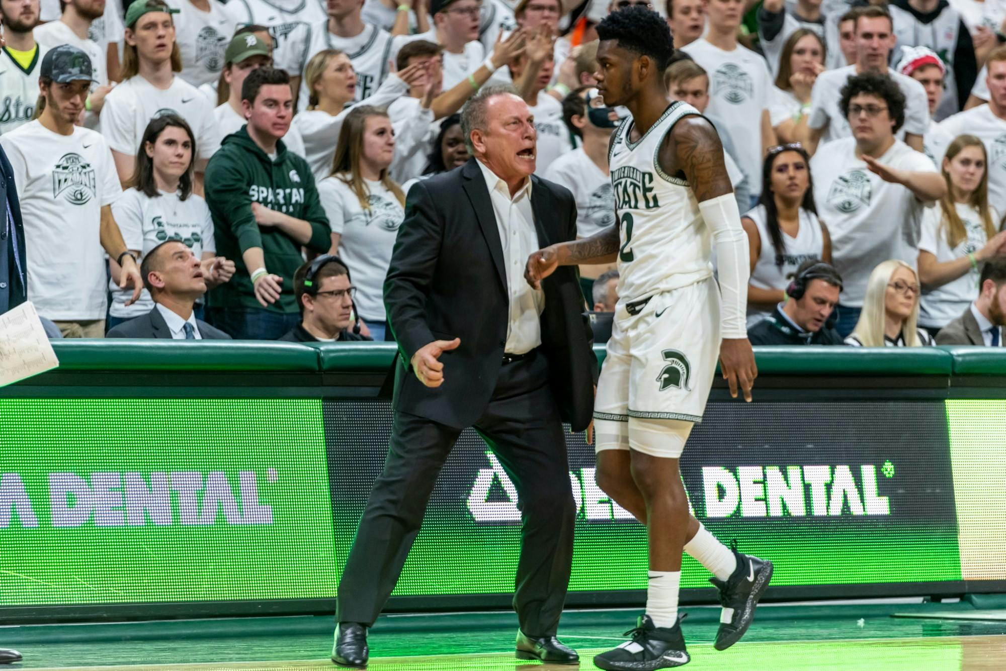 Coach Tom Izzo yells at freshman guard Rocket Watts during a game against Maryland. The Spartans fell to the Terrapins, 60-67, at the Breslin Student Events Center on February 15, 2020. 