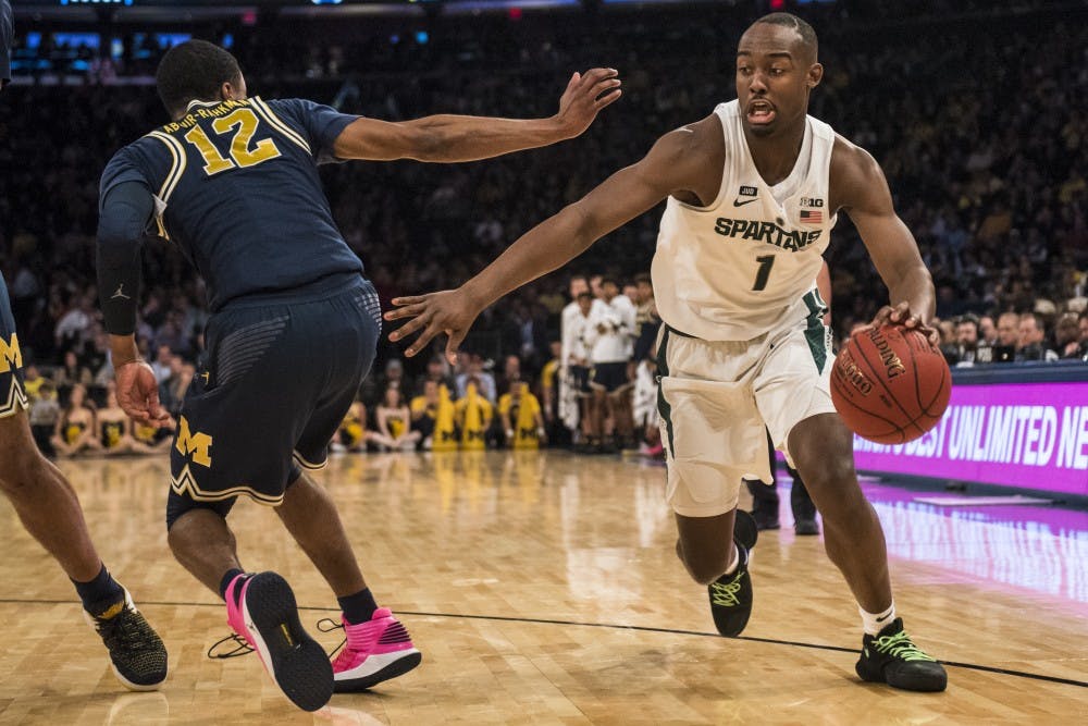 Sophomore guard Joshua Langford (1) drives the ball towards the net during the second half of the 2018 Big Ten Men's Basketball semifinal game against Michigan on March 3, 2018 at Madison Square Garden in New York. The Spartans were defeated by the Wolverines, 75-64. (Nic Antaya | The State News)