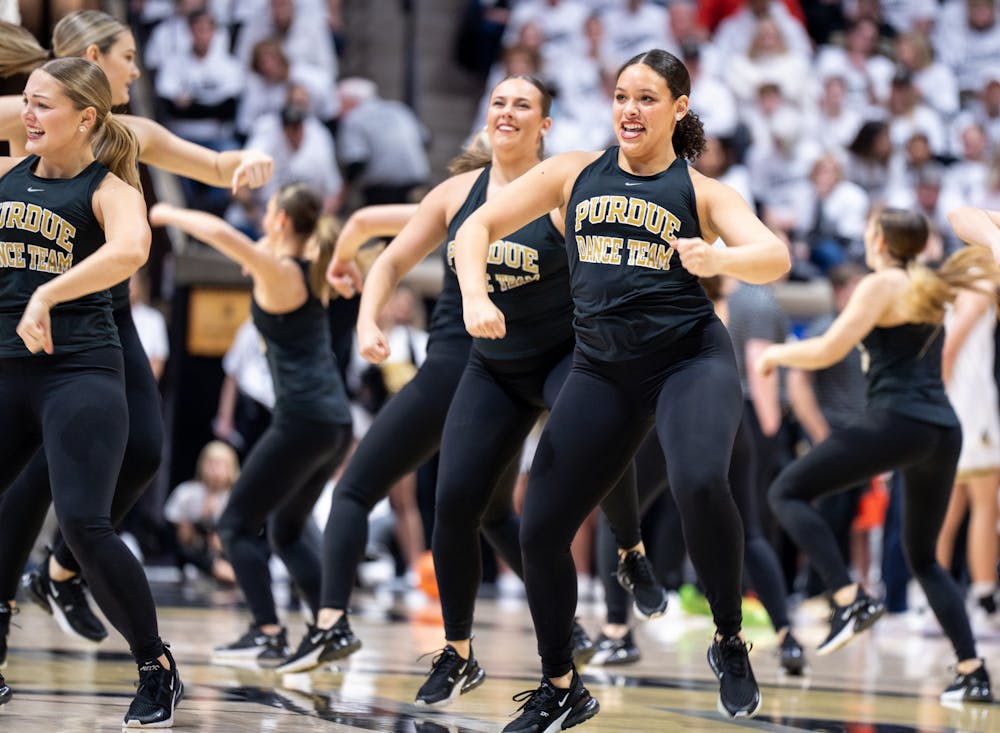 <p>The Purdue Dance Team dances during halftime of the men's basketball matchup against MSU at Mackey Arena on Jan. 29, 2023. The Spartans lost to the Boilermakers 77-61.</p>