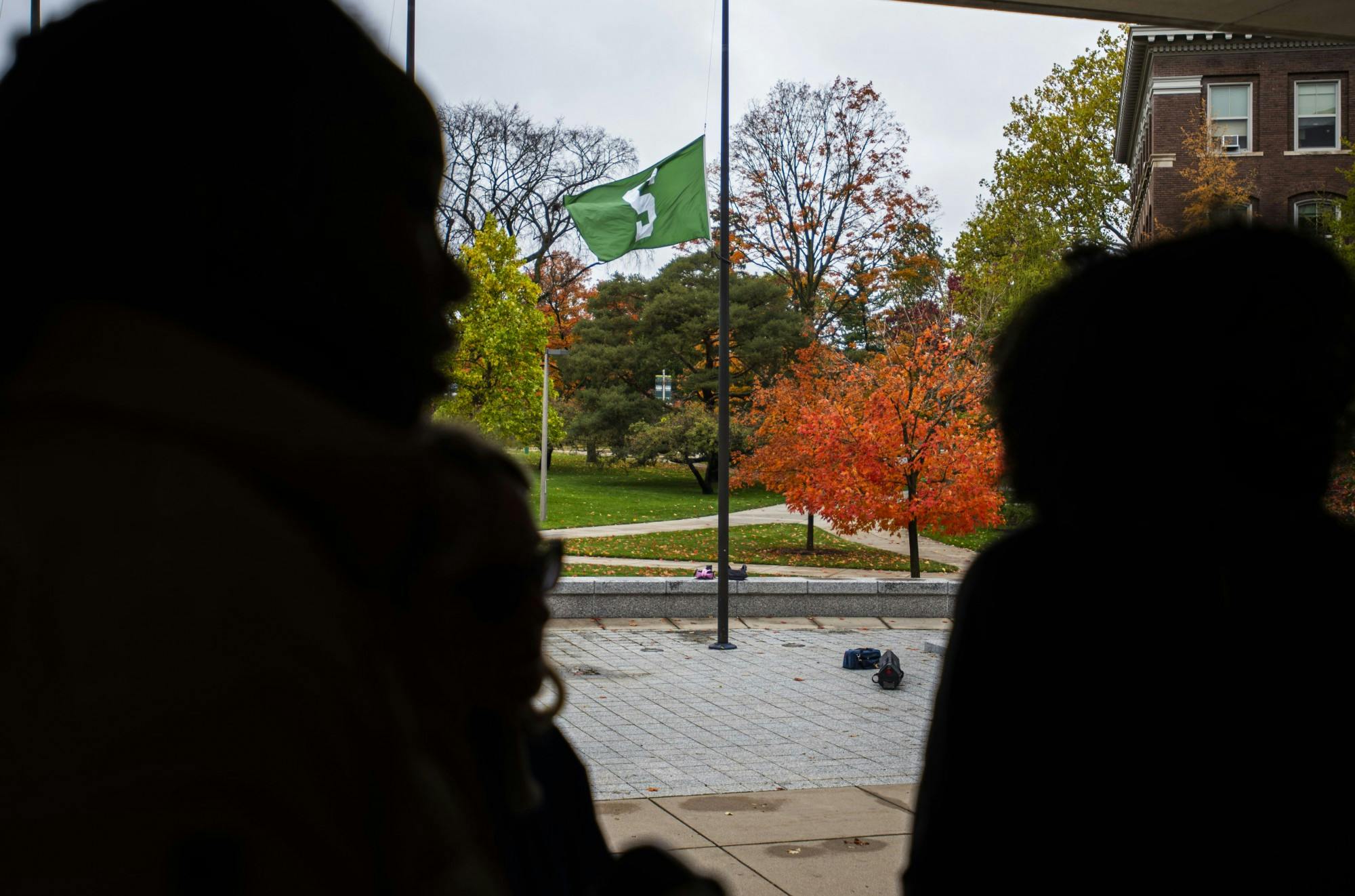 <p>A Spartan flag is flown out front of the Hannah Administration Building on Dec. 8th, 2019. </p>