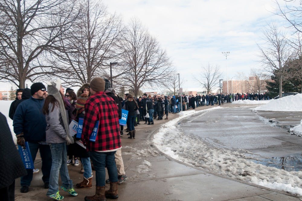 Patrons gather in line prior to Bernie Sanders' speech on March 2, 2016 at Breslin Center.