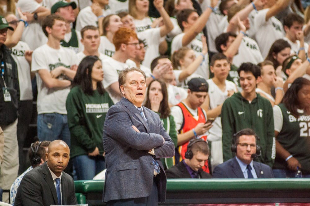 Head coach Tom Izzo watches on during overtime against Rutgers on Jan. 10, 2018 at Breslin Center.  The Spartans beat the Scarlet Knights 76-72.