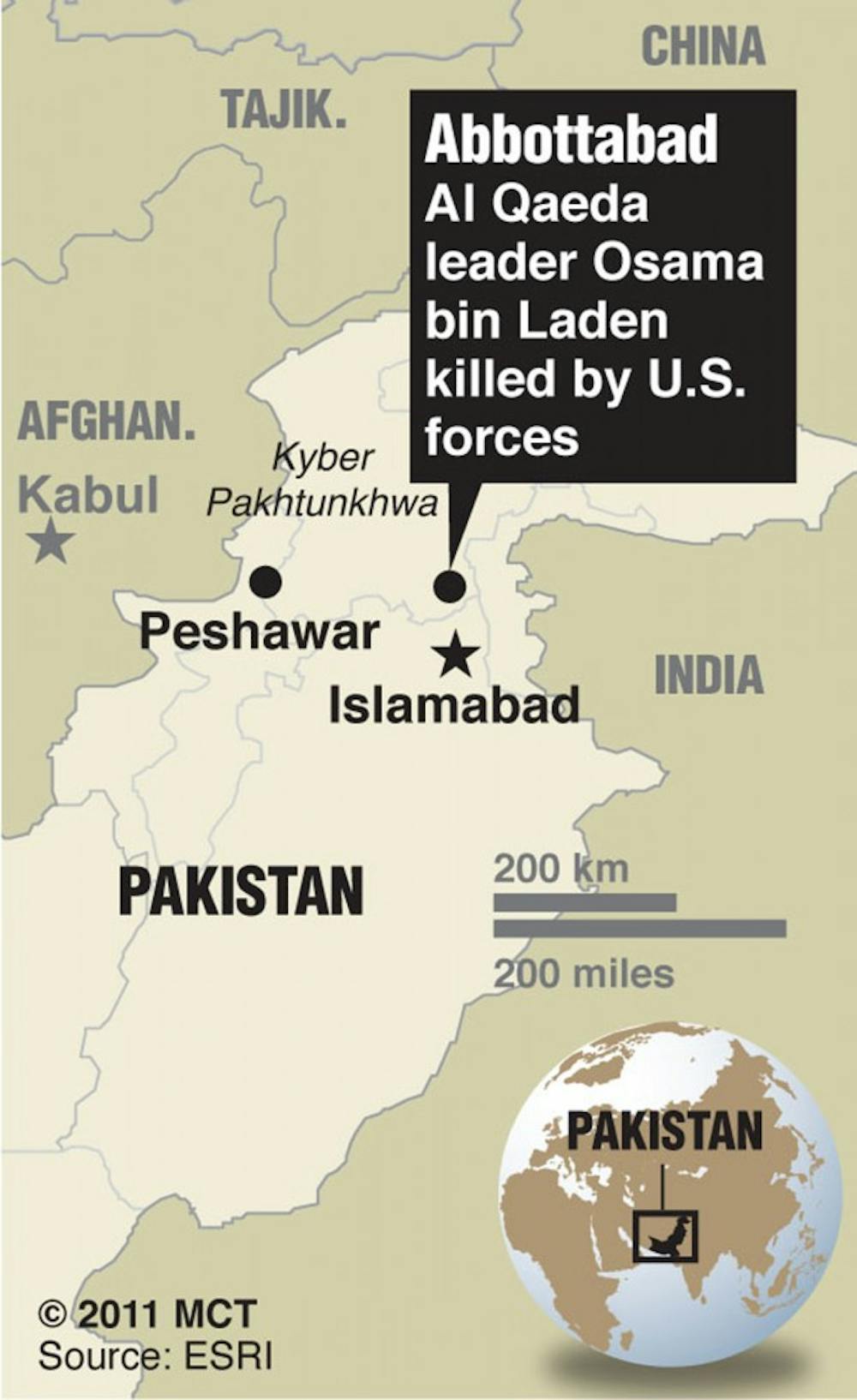 	<p>Map locating Abbottabad, Pakistan, where U.S. forces killed al Qaeda leader Osama bin Laden in a raid. <span class="caps">MCT</span> 2011</p>