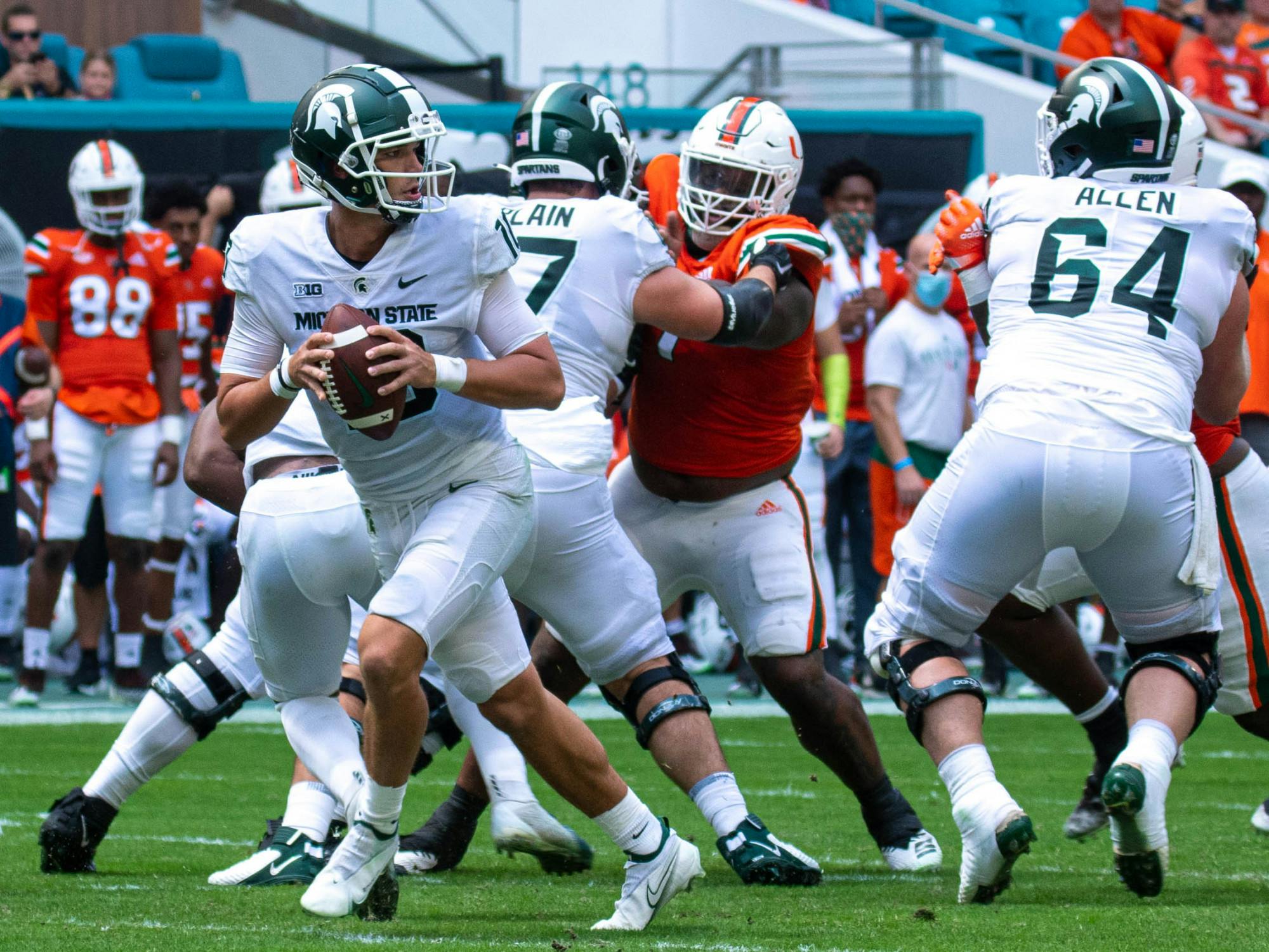<p>Redshirt sophomore quarterback Payton Thorne (10) looks for an opening in defense during the first quarter of their game against Miami on Sept. 18, 2021. </p>
