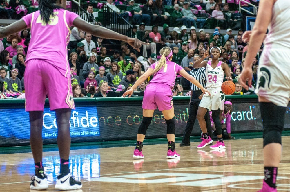 Freshman guard Nia Clouden (24) signals during the women’s basketball game against Purdue at Breslin Center on Feb. 3, 2019. The Spartans defeated the Boilmakers 74-66.