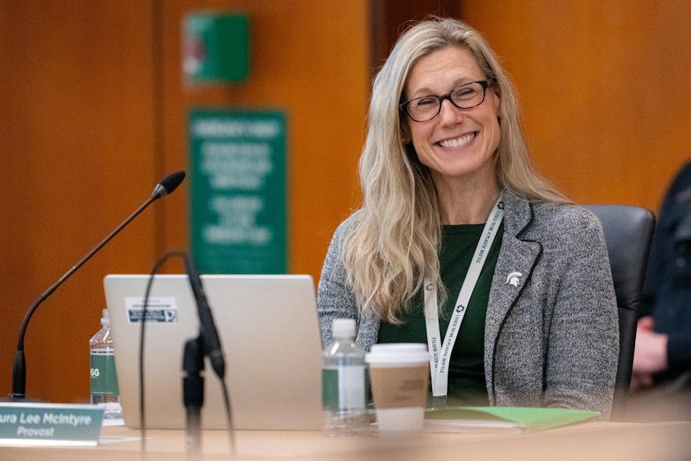 <p>Michigan State University Provost Laura Lee Mcintyre at the MSU Board of Trustees meeting at Hannah Administration Building in East Lansing, Michigan on Friday, Dec. 12, 2025. </p>