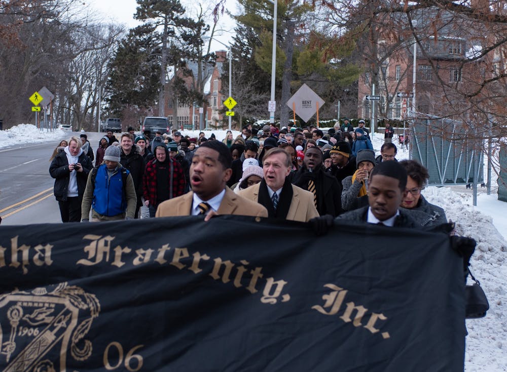 Members of the march walking through campus during the MLK march on MSU's campus on January 20, 2020. 