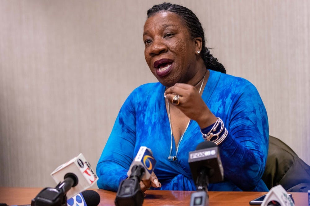 Tarana Burke, founder of the #MeToo movement, speaks with reporters at a press conference before her event at the Wharton Center on April 19, 2018. During her speech, Burke talked about how the movement is a "survivor's movement", and shouldn't be focused on who the movement has "taken down".