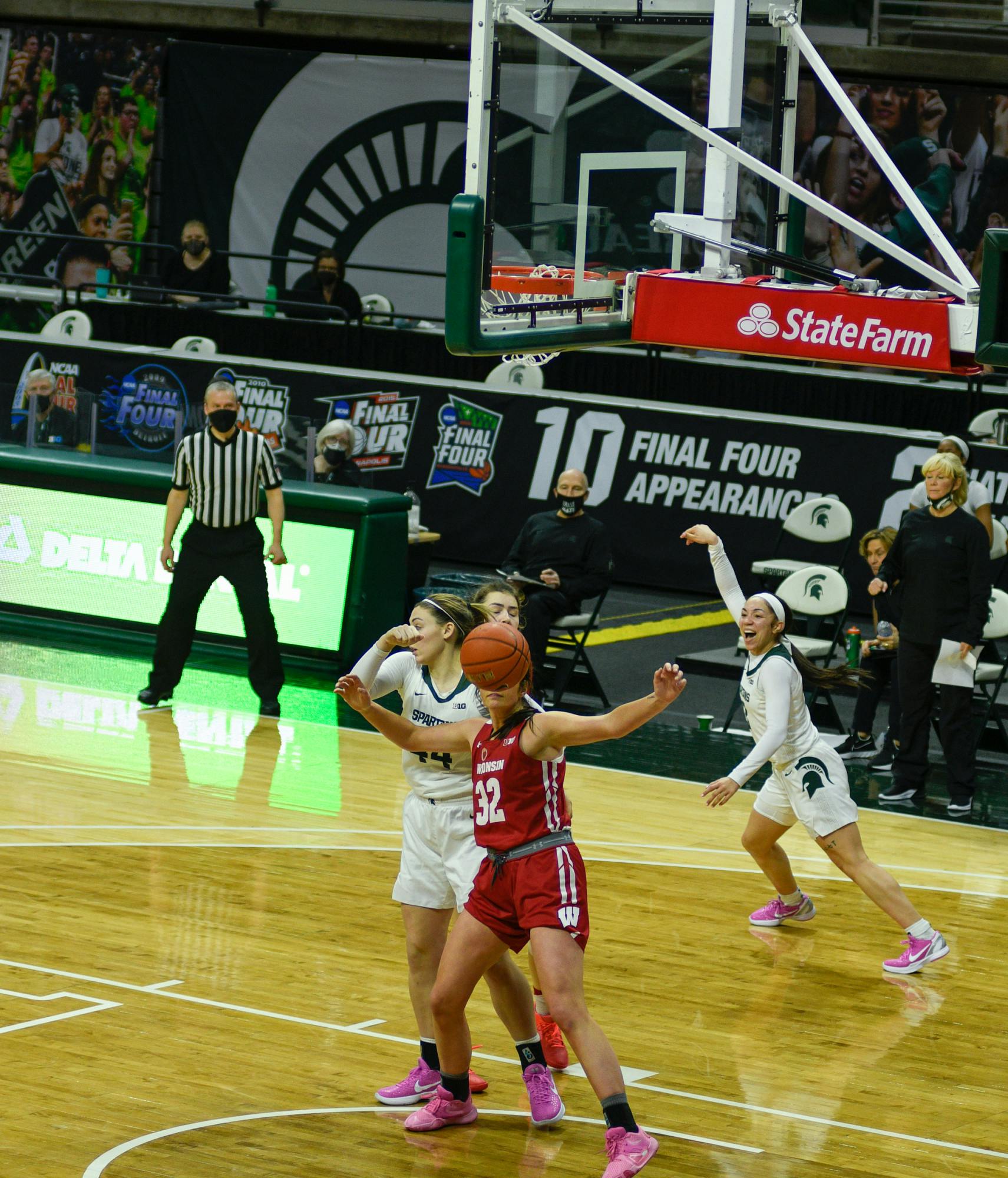 <p>Michigan State&#x27;s Alyza Winston (3) celebrating after one of her multiple points of the night in the game against Wisconsin on March 6, 2021.</p>