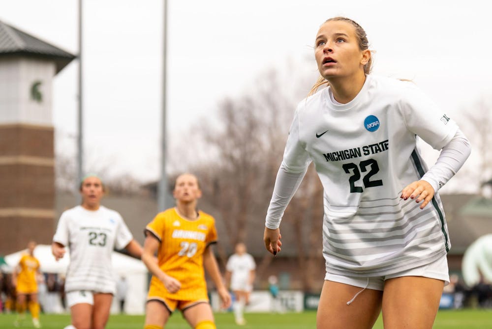 <p>Michigan State University sophomore defender Ella Janz (22) waits for the ball to be thrown in during the NCAA soccer tournament game between MSU and Western Michigan University on Nov. 16, 2024. The Spartans defeated the Broncos, 3-1.</p>