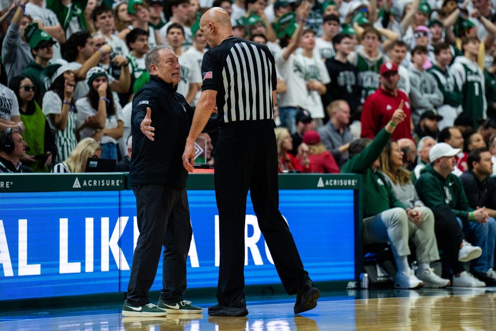 Tom Izzo talks to ref during an NCAA Division I basketball game between Michigan State and Indiana at the Breslin Center in East Lansing, Michigan, on Tuesday, Jan. 13, 2026.