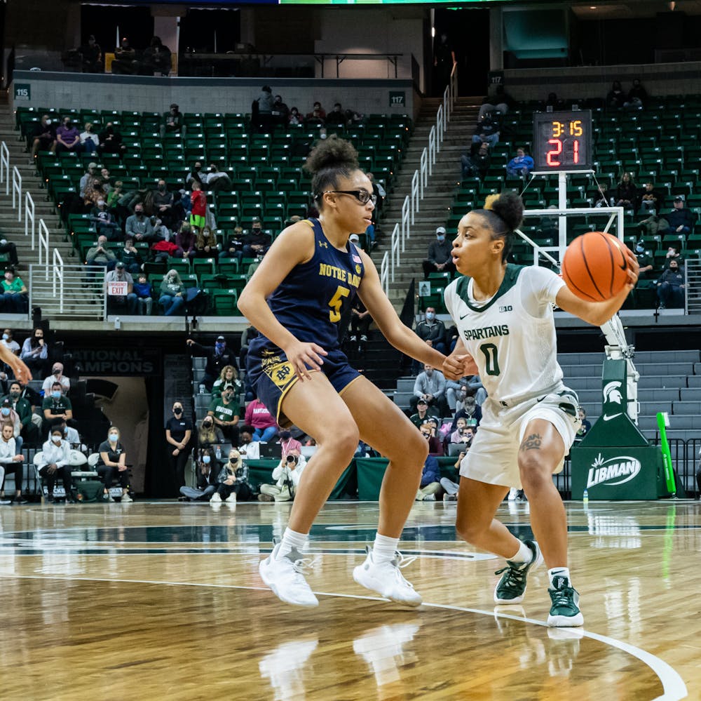 Notre Dame's Olivia Miles (5) defends against Michigan State's DeeDee Hagemann (0) during Michigan State's loss on Dec. 2, 2021.