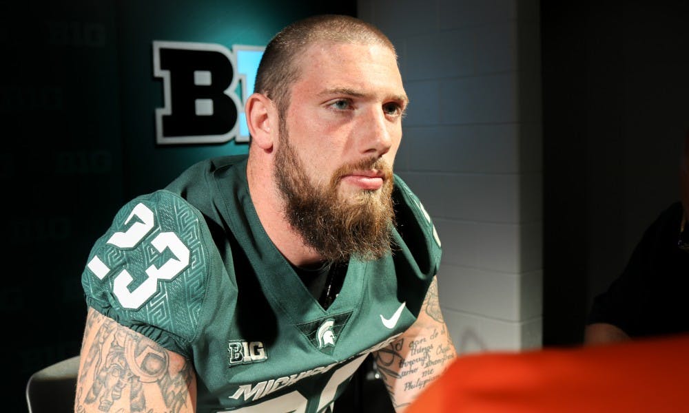 <p>Senior linebacker Chris Frey is interviewed at the MSU Media Day event on August 7, 2017 at Spartan Stadium.</p>