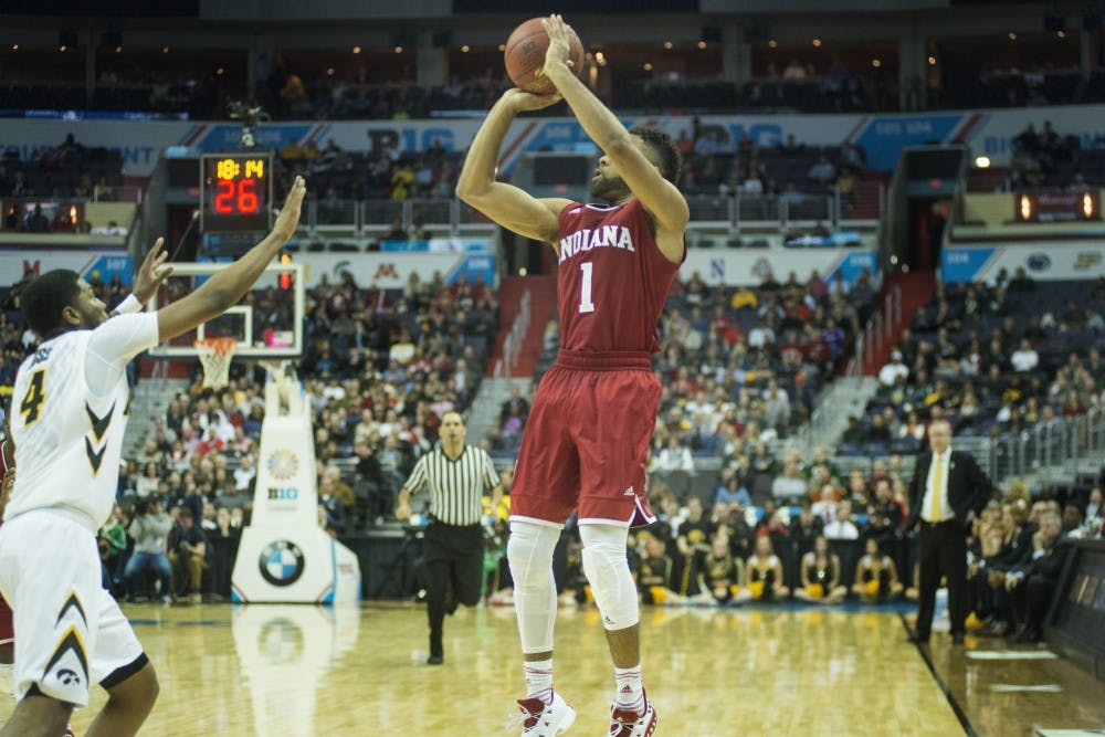 Junior guard James Blackmon Jr. (1) shoots the ball in the second half of the game against Iowa during the second round of the Big Ten Tournament on March 9, 2017 at Verizon Center in Washington D.C. 