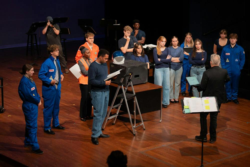 <p>Michigan State students rehearse for the upcoming production of "Discovery" at Wharton Center in East Lansing, Mich., on Tuesday, Sept. 22, 2026.</p>