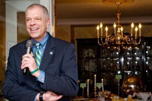 <p>Associate Vice President for Alumni Relations and Executive Director for the MSU Alumni Association Scott Westerman gives a speech at the anniversary of the MSU Evening College on Sept. 21, 2011. (Mo Hnatiuk | The State News)</p>