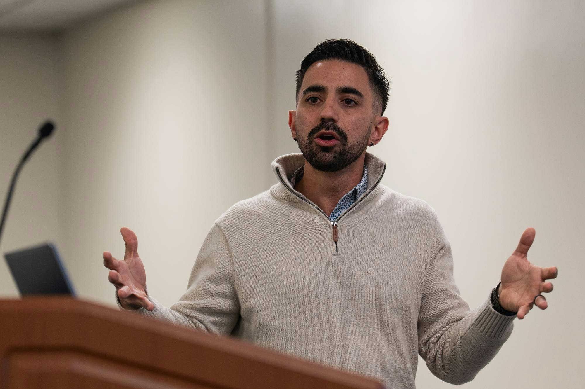 <p>Loyola University assistant professor Agustin Markarian discusses his research on even- and odd-year election cycles during a lecture hosted by the Michigan Scholars Strategy Network at the East Lansing Hannah Community Center in East Lansing, Mich., on Thursday, Oct. 8, 2026.</p>