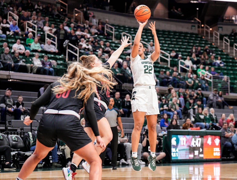 <p>Graduate student guard Moira Joiner (22) attempts to score during the first half of the season opening exhibition game against Davenport University at the Breslin Center on Nov. 2, 2023.&nbsp;</p>